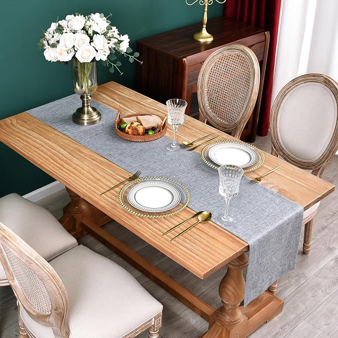 NEWISHER Farmhouse Rustic Faux Linen Solid Grey Table Runner 13x48inch | Grey - Image 2