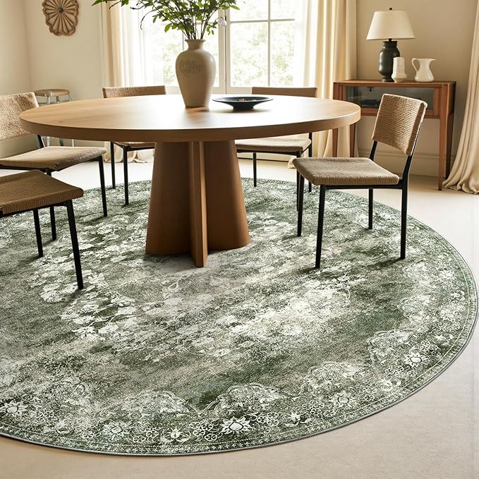 jinchan Round Rug 7ft Area Rug - Green Vintage Floor Mat Kitchen Indoor - Washable Circle 7' Thin Floral Print Carpet Retro Farmhouse Non Slip Dining Room Living Room Bedroom Office