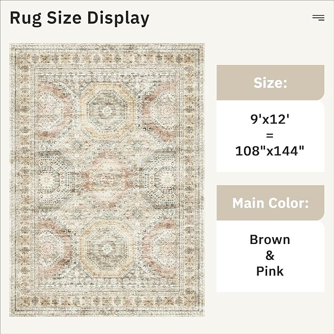 Soalmost 9x12 Area Rugs for Living Room, Non Slip Machine Washable Vintage Rugs - Image 3