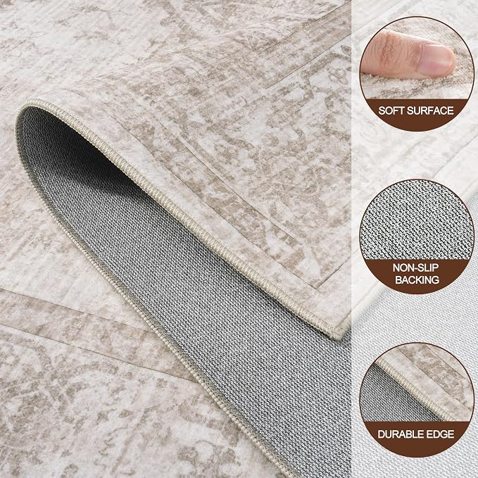 6x9 Area Rugs for Living Room:Beige Washable Vintage Medallion Carpet Non-Slip - Image 8