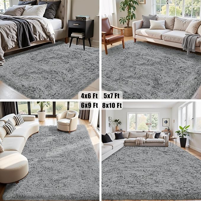 5x7 Area Rug for Living Room:Ultra Soft Fluffy Shag Light Grey Rugs, Large - Image 4