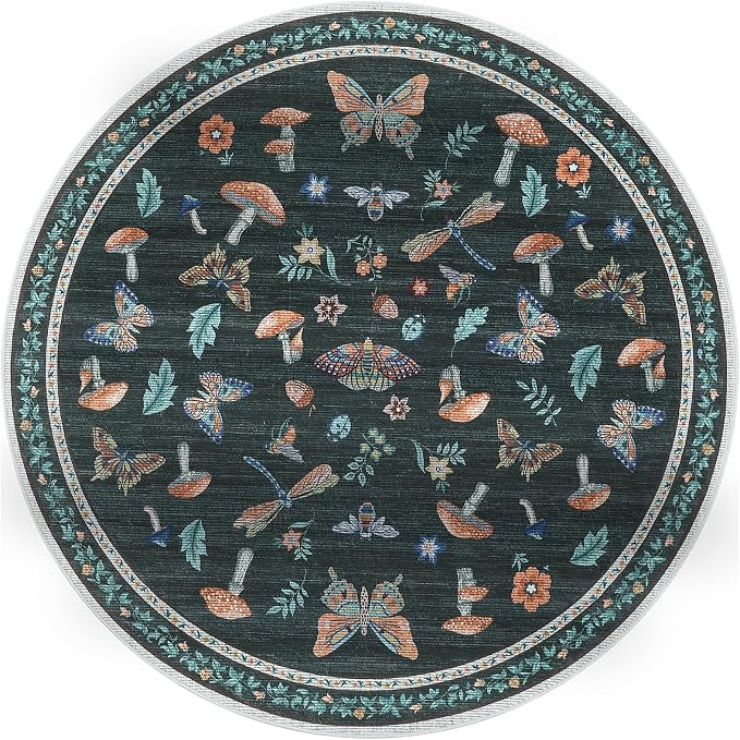 Mushroom Insect 6ft Round Rug Washable Non-Slip Soft Ultra-Thin Boho Circle - Image 3