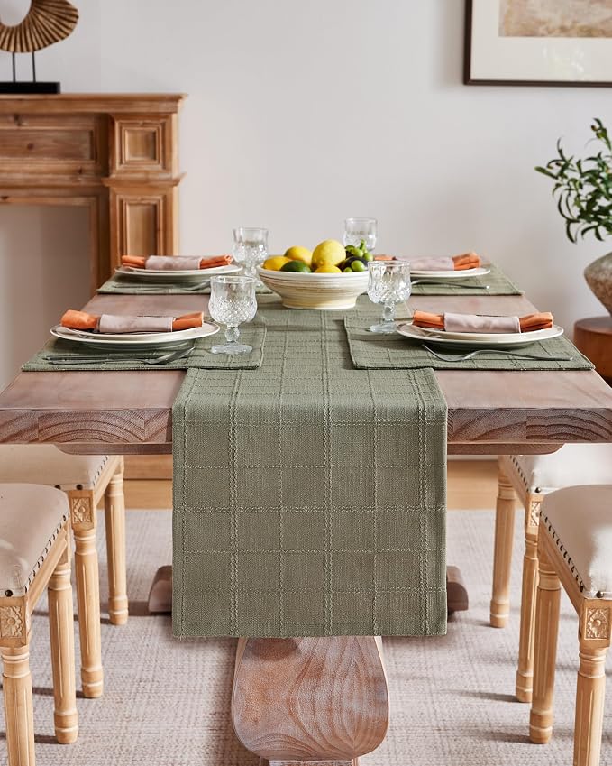 Linen Checked Farmhouse Table Runner, 13x48 Inches Olive | Raised Grid Design - Image 2