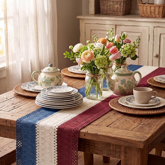 Artoid Mode Blue Beige Red Farmhouse Rustic Table Runner 12x90 Inch | Holiday - Image 4