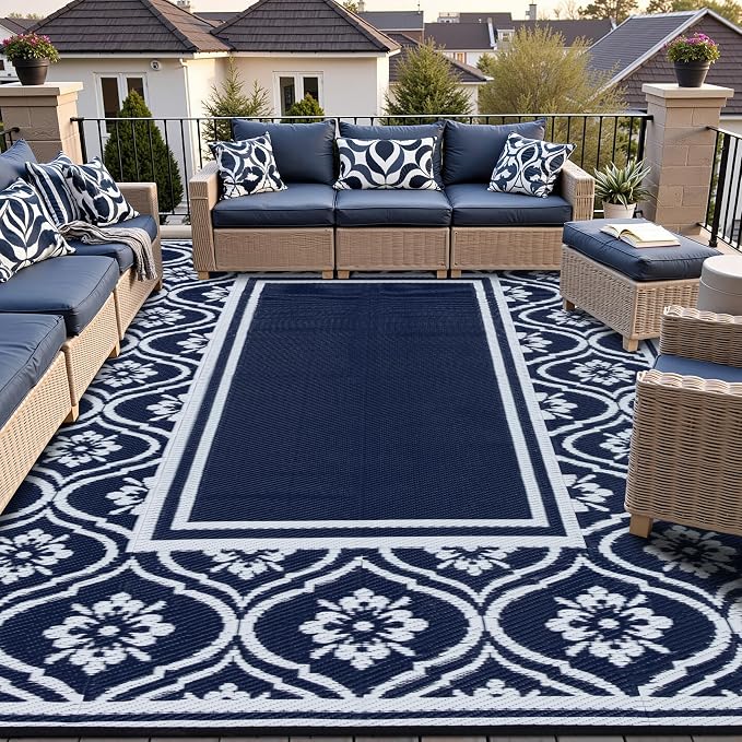 HUGEAR Patio Rug 10'x14' Waterproof Outside Area Rugs Reversible Blue Outdoor by HUGEAR