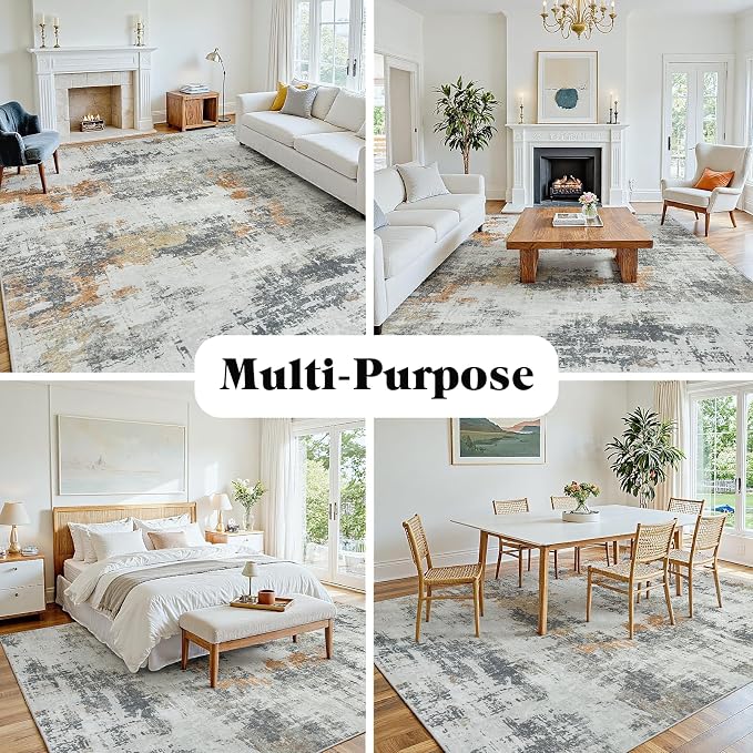 Area Rug 5x7 Living Room Rug Washable: No-Slip Abstract Soft Thin Large Grey - Image 9