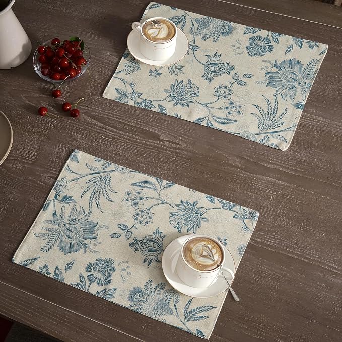 JINCHAN Sliva Linen Floral Placemats Set of 4 Farmhouse 13x19 Inch Blue | - Image 2