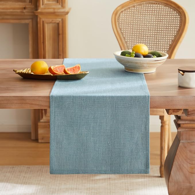 Rustic Cotton Linen Table Runner, 13x36 Inches River Blue | Farmhouse Style - Image 4