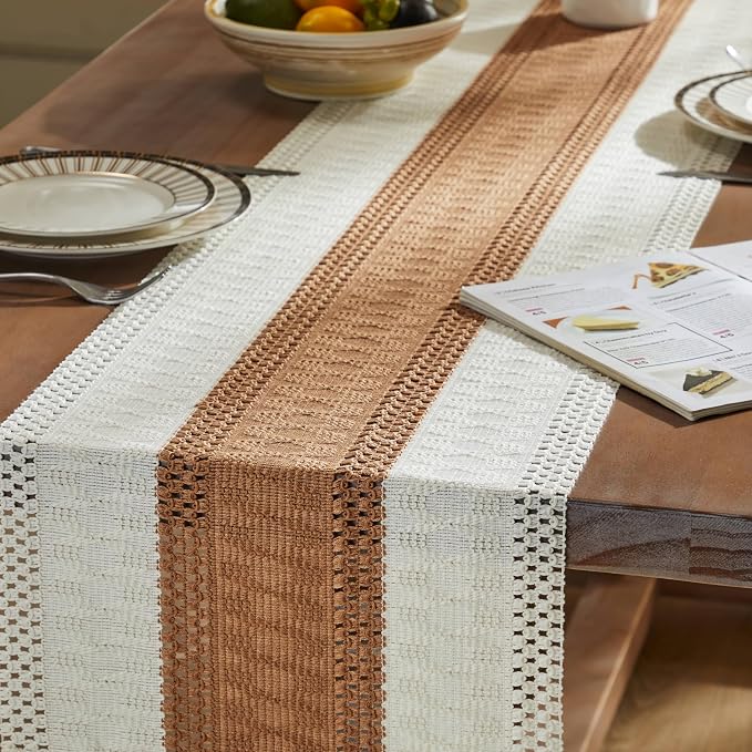 Macrame Style Bicolor Stitching Table Runner 14x108in Caramel | Woven Boho - Image 5