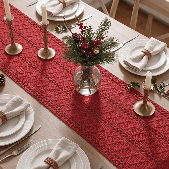 Artoid Mode Rose Red Woven Farmhouse Hollow Table Runner 12x120 Inch | Holiday - Image 4