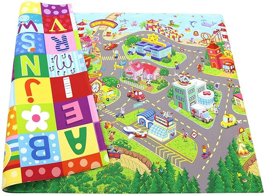 Baby Care Play Mat (Medium, Playful - Zoo Town) 73’’ x 49’’ Original One-Piece Reversible Rollable Waterproof Play Mat for Infants, Babies, Toddler, and Kids