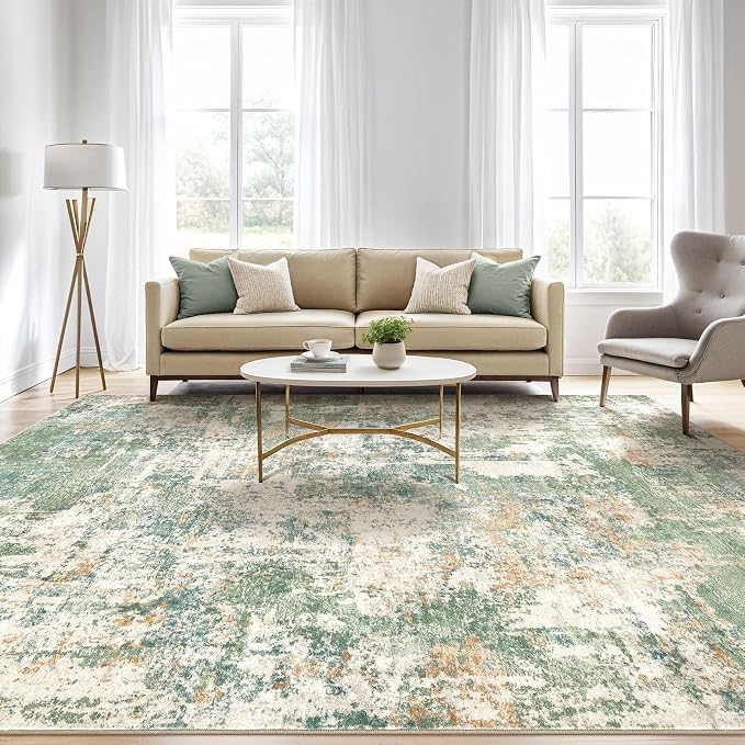 7x9 Area Rug Living Room: Washable Large Abstract Soft Green Rugs Stain - Image 5