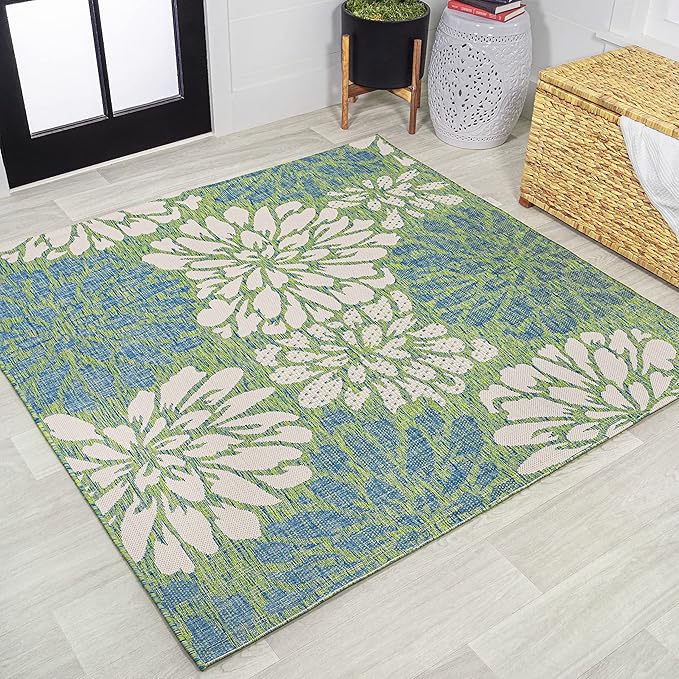JONATHAN Y Floral Textured Weave Indoor Outdoor Square Area Rug 4X4 Cream/Green by JONATHANY