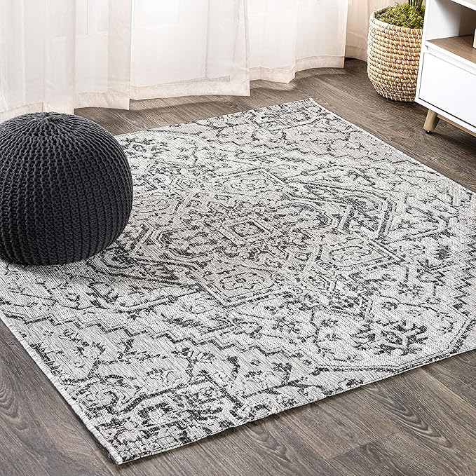 JONATHAN Y Boho Medallion Indoor Outdoor Square Area Rug 8X8 Black/Gray by JONATHANY