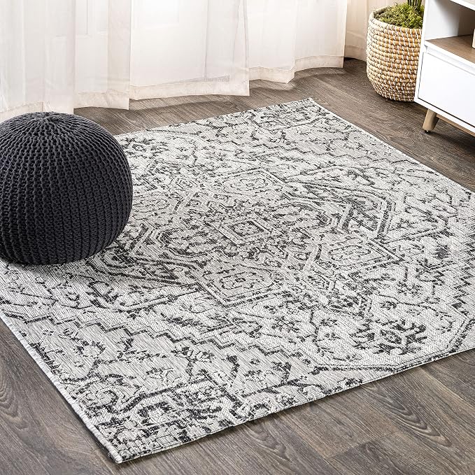 JONATHAN Y Boho Medallion Indoor Outdoor Square Area Rug 4X4 Black/Gray by JONATHANY