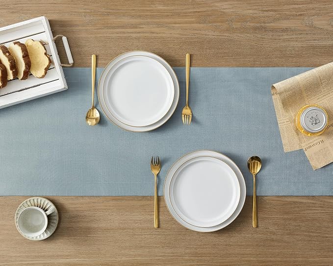 Linen Textured Border Table Runner, 14 x 72 Inch Blue | Mitered Corner Design - Image 4