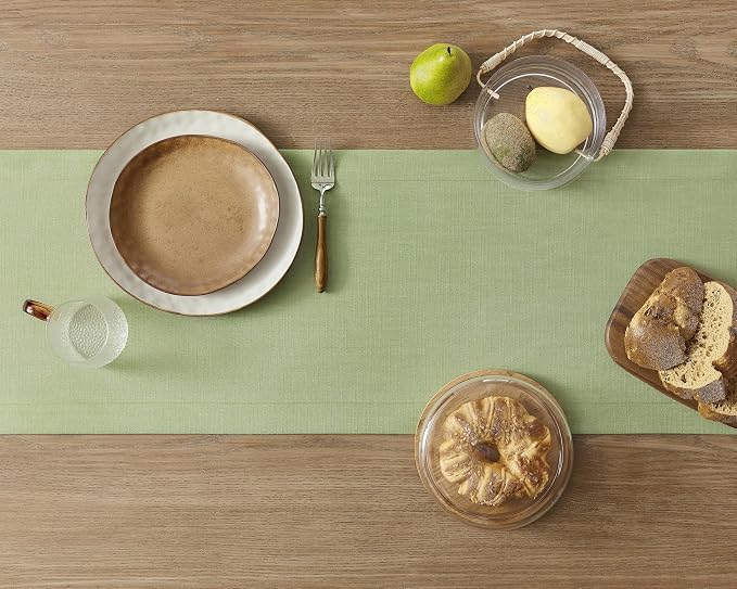 Linen Textured Border Table Runner, 14 x 72 Inch Green | Mitered Corner Design - Image 4