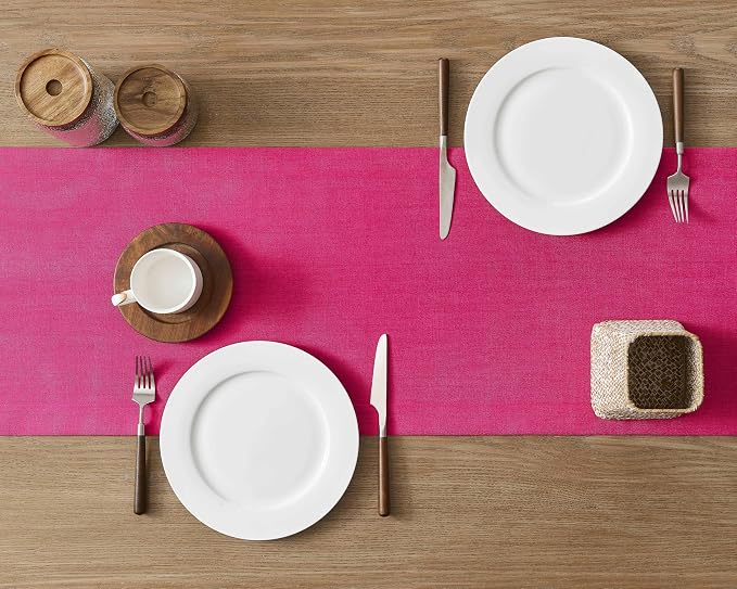 Linen Textured Border Table Runner, 14 x 90 Inch Hot Pink | Mitered Corner - Image 4