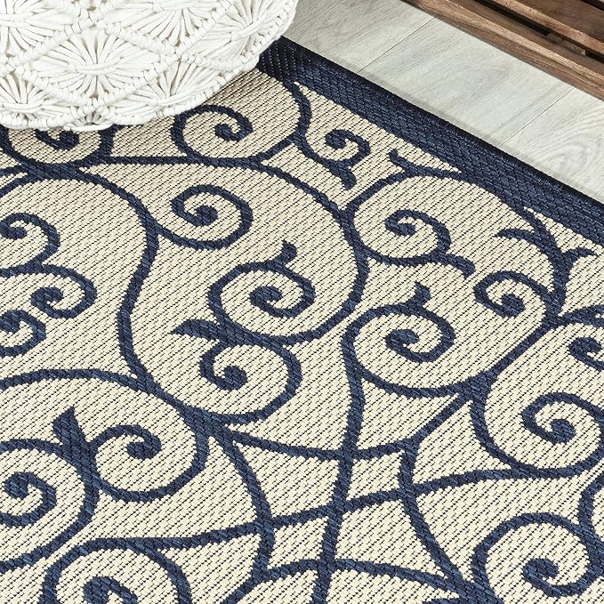 JONATHAN Y Vintage Filigree Indoor Outdoor Runner Rug 2X10 Navy/Beige, Madrid - Image 3