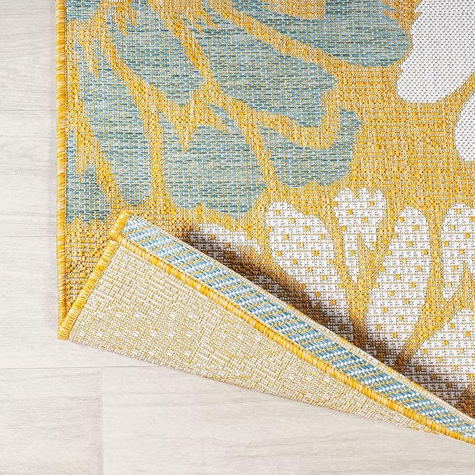 JONATHAN Y Floral Textured Weave Indoor Outdoor Round Area Rug 5 Ft Yellow/Cream - Image 5