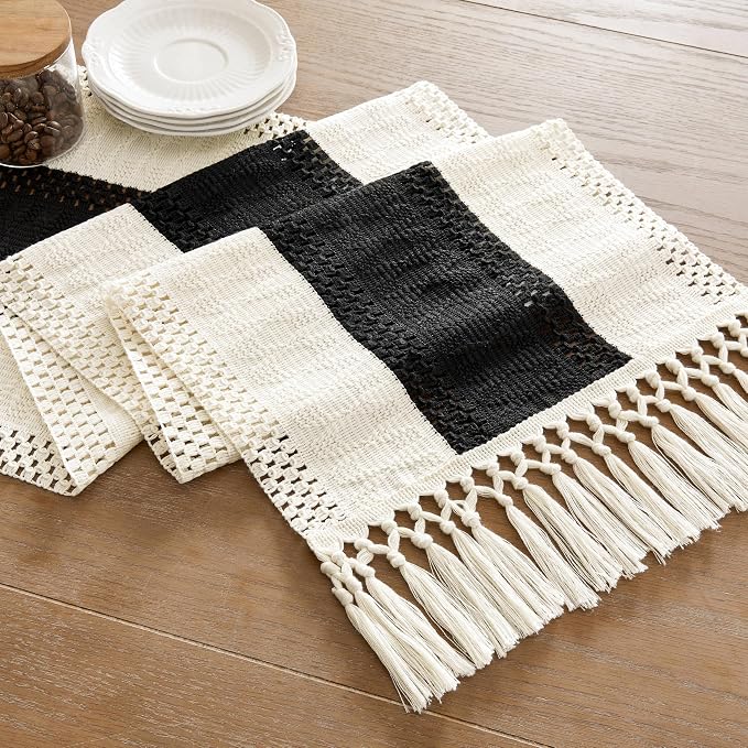 Macrame Style Bicolor Stitching Table Runner 14x60in Black | Woven Boho Table - Image 7