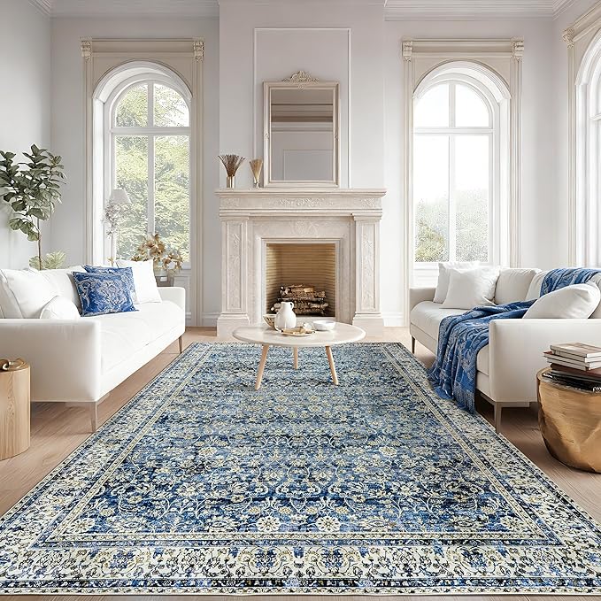 Blue Area Rug for Living Room 8x10 Washable Vintage Farmhouse Big Large Boho by BILEEHOME