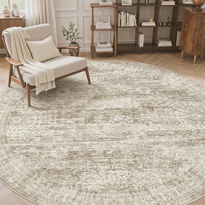 Soalmost 8ft Round Rug Brown/Ivory, Living Room Circle Rug Vintage Round Area - Image 4