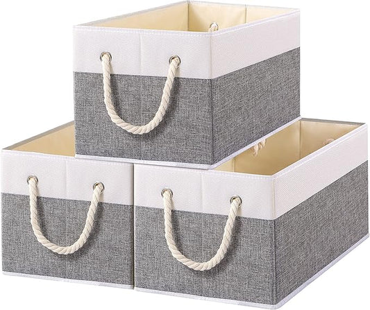 Yawinhe Foldable Storage Baskets for Shelves, Fabric Storage Cubes with Rope Handle, Closet Organizers for Clothes, 3-Pack, 14.96''Lx9.84''Wx8.26''H, White/Grey