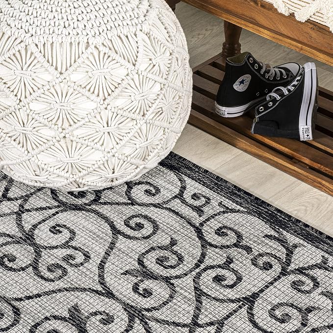 JONATHAN Y Vintage Filigree Indoor Outdoor Round Area Rug 9 Ft Light Gray/Black - Image 6