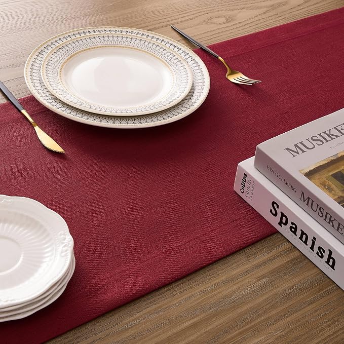 Linen Textured Border Table Runner, 14 x 90 Inch Red | Mitered Corner Design - Image 5