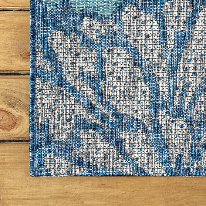 JONATHAN Y Floral Textured Weave Indoor Outdoor Square Area Rug 5X5 Navy/Aqua - Image 7