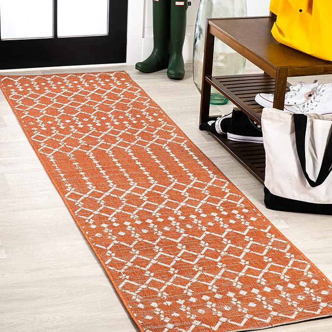 JONATHAN Y Moroccan Geometric Indoor Outdoor Runner Rug 2X10 Orange/Cream by JONATHANY
