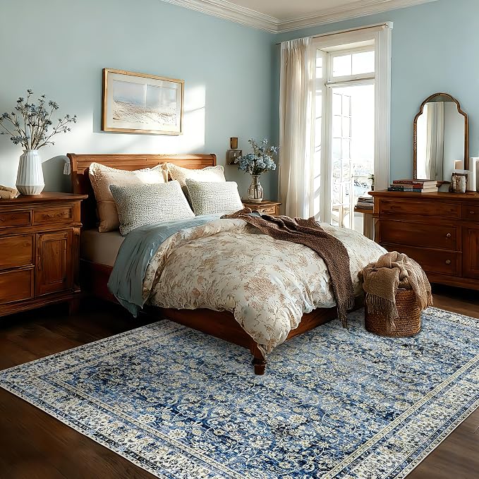 Large Area Rug for Living Room Vintage Blue Non Slip Washable Rugs 9x12 Neutral - Image 9