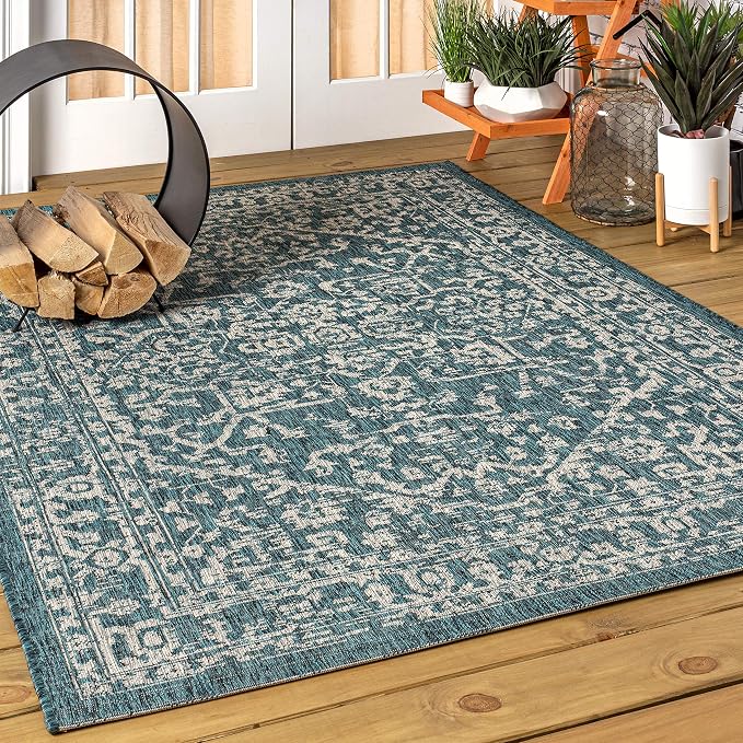 JONATHAN Y Boho Medallion Indoor Outdoor Area Rug 6X9 Teal/Gray, Malta Textured - Image 3