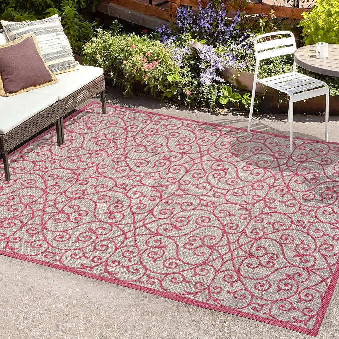 JONATHAN Y Vintage Filigree Indoor Outdoor Area Rug 9X12 Light Gray/Fuchsia - Image 4