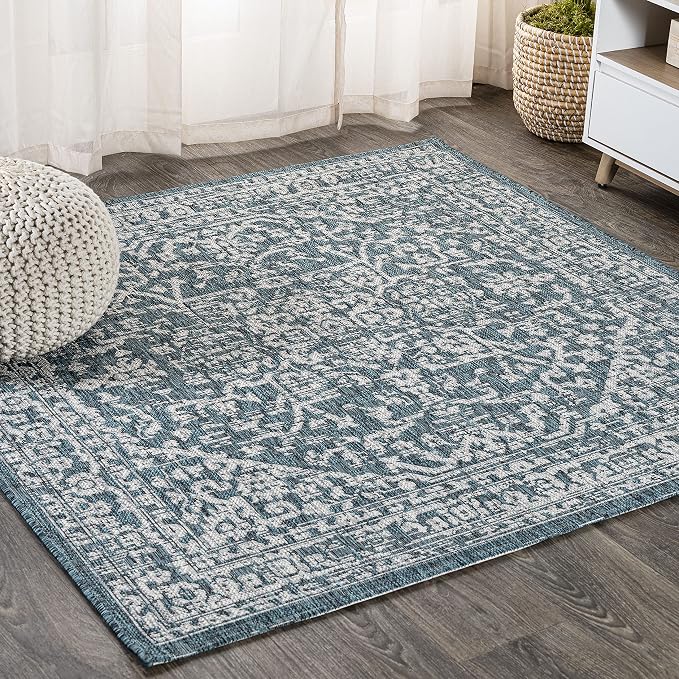 JONATHAN Y Boho Medallion Indoor Outdoor Square Area Rug 5X5 Teal/Gray by JONATHANY