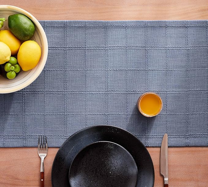 Linen Checked Farmhouse Table Runner, 13x72 Inches Blue | Raised Grid Design - Image 7