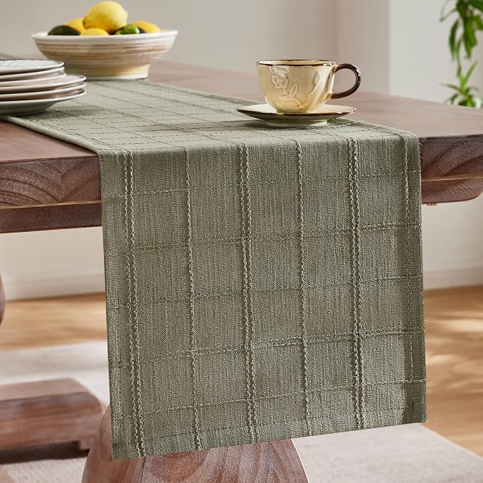 Linen Checked Farmhouse Table Runner, 13x36 Inches Olive | Raised Grid Design - Image 4
