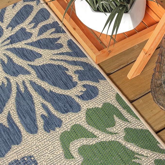 JONATHAN Y Floral Textured Weave Indoor Outdoor Runner Rug 2X14 Navy/Green - Image 4