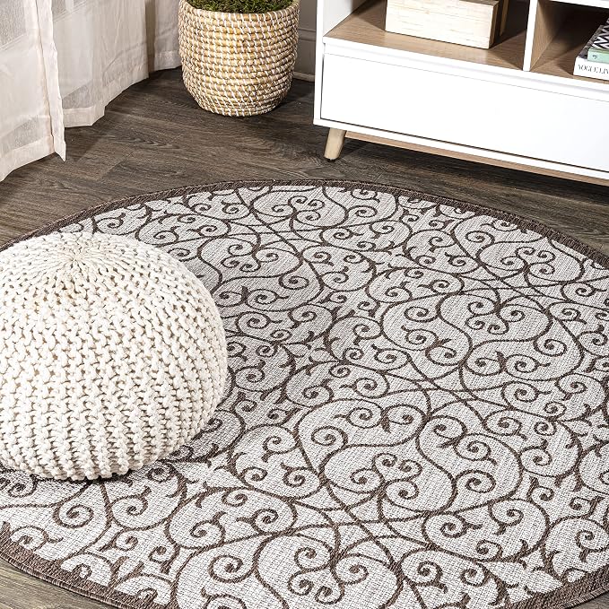 JONATHAN Y Vintage Filigree Indoor Outdoor Round Area Rug 8 Ft Taupe/Espresso by JONATHANY
