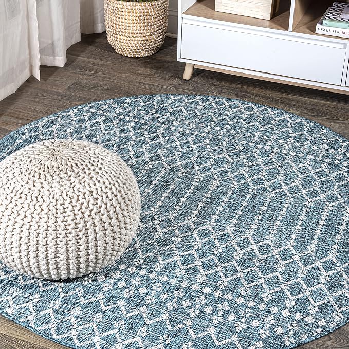 JONATHAN Y Moroccan Geometric Indoor Outdoor Round Area Rug 8 Ft Teal/Gray by JONATHANY