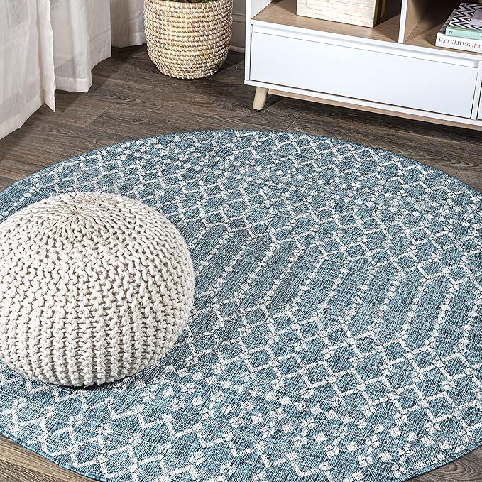 JONATHAN Y Moroccan Geometric Indoor Outdoor Round Area Rug 5 Ft Teal/Gray by JONATHANY