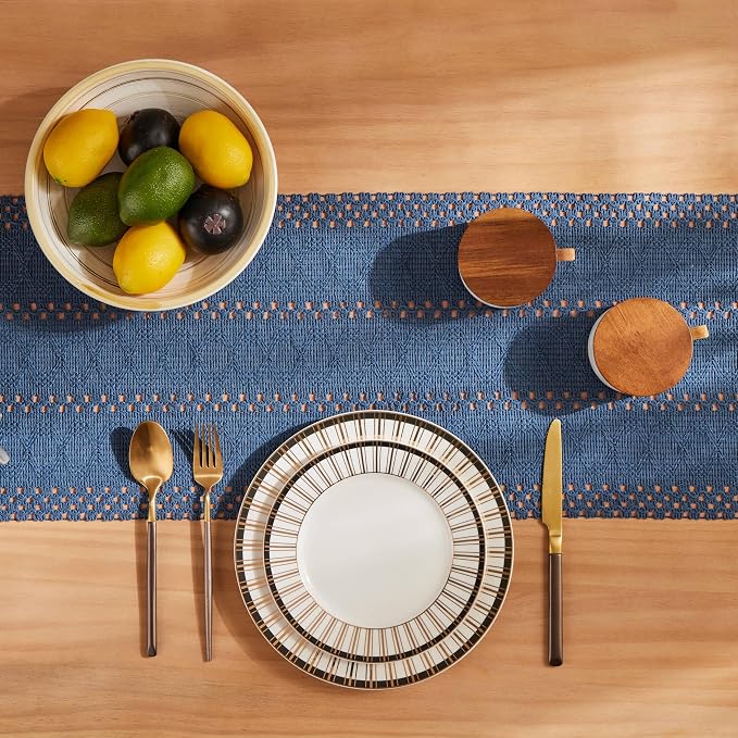 Macrame Style Boho Table Runner, 12x108 Inch Dusty Blue | Woven Boho Table - Image 4