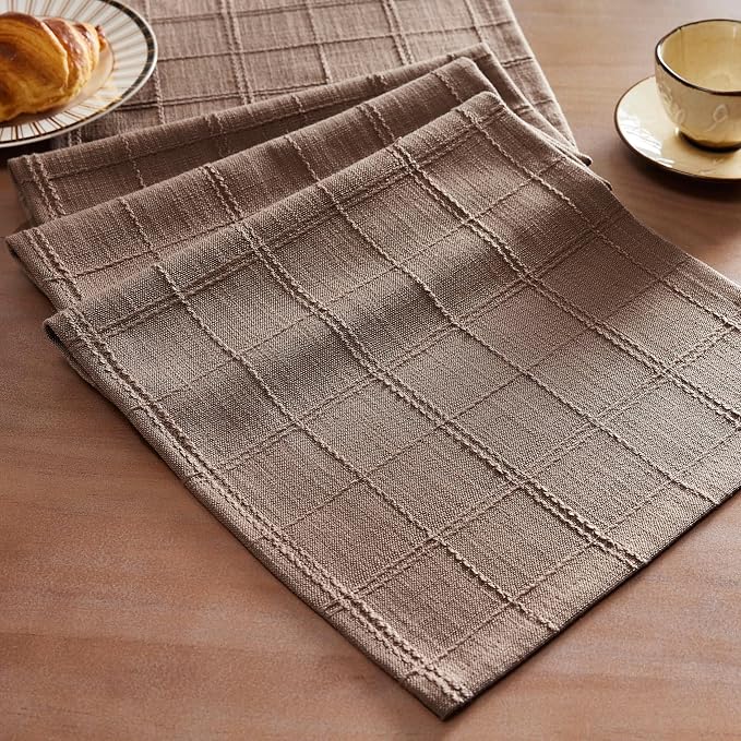 Linen Checked Farmhouse Table Runner, 13x60 Inches Cocoa Brown | Raised Grid by ZEEMARTONLINE