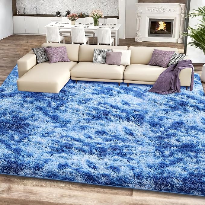 Shag Area Rug for Bedroom, 4x6 Tie-Dyed Blue Fluffy Shaggy Rugs for Living Room - Image 2