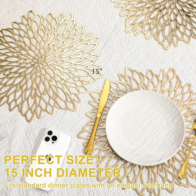 Set of 8 Round Placemats Gold, Heat-Resistant PVC Table Mats - Image 5