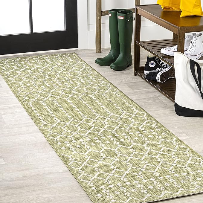 JONATHAN Y Moroccan Geometric Indoor Outdoor Runner Rug 2X8 Light Green/Cream by JONATHANY
