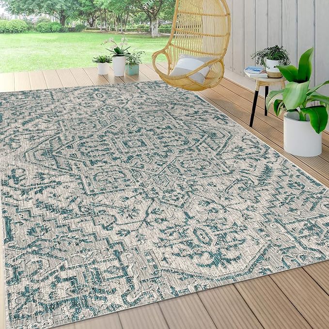 JONATHAN Y Boho Medallion Indoor Outdoor Area Rug 9X12 Teal/Gray, Estrella - Image 3