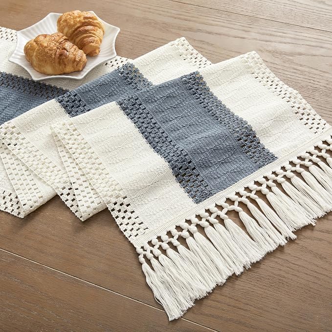 Macrame Style Bicolor Stitching Table Runner 14x60in Navy | Woven Boho Table - Image 7
