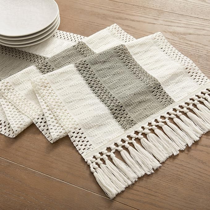 Macrame Style Bicolor Stitching Table Runner 14x90in Dark Sage | Woven Boho - Image 7